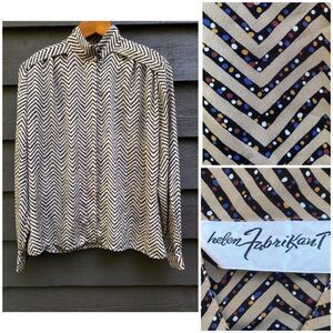 Vintage Helen Fabricant Blouse 10 Chevron Print 80s Office Shoulder Pads Beige